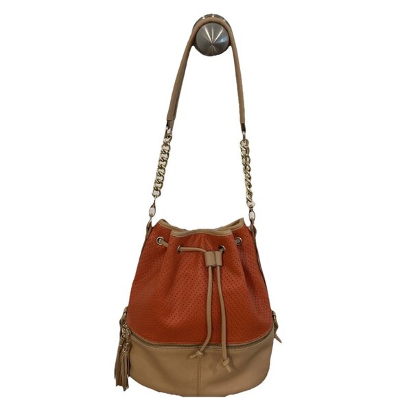 Lionel Leather Goods Tan & Rust pebbled leather bucket Drawstring bag Crossbody - Picture 1 of 8